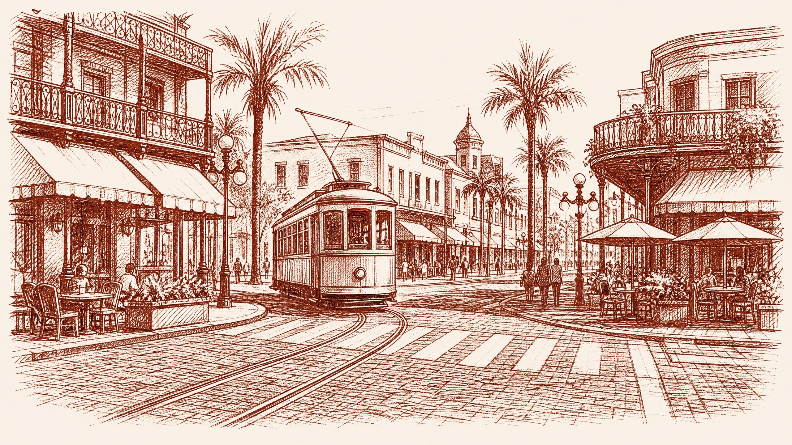 A Tampa meeting-point street scene between different date neighborhoods, with streetcar -- first date restaurants tampa