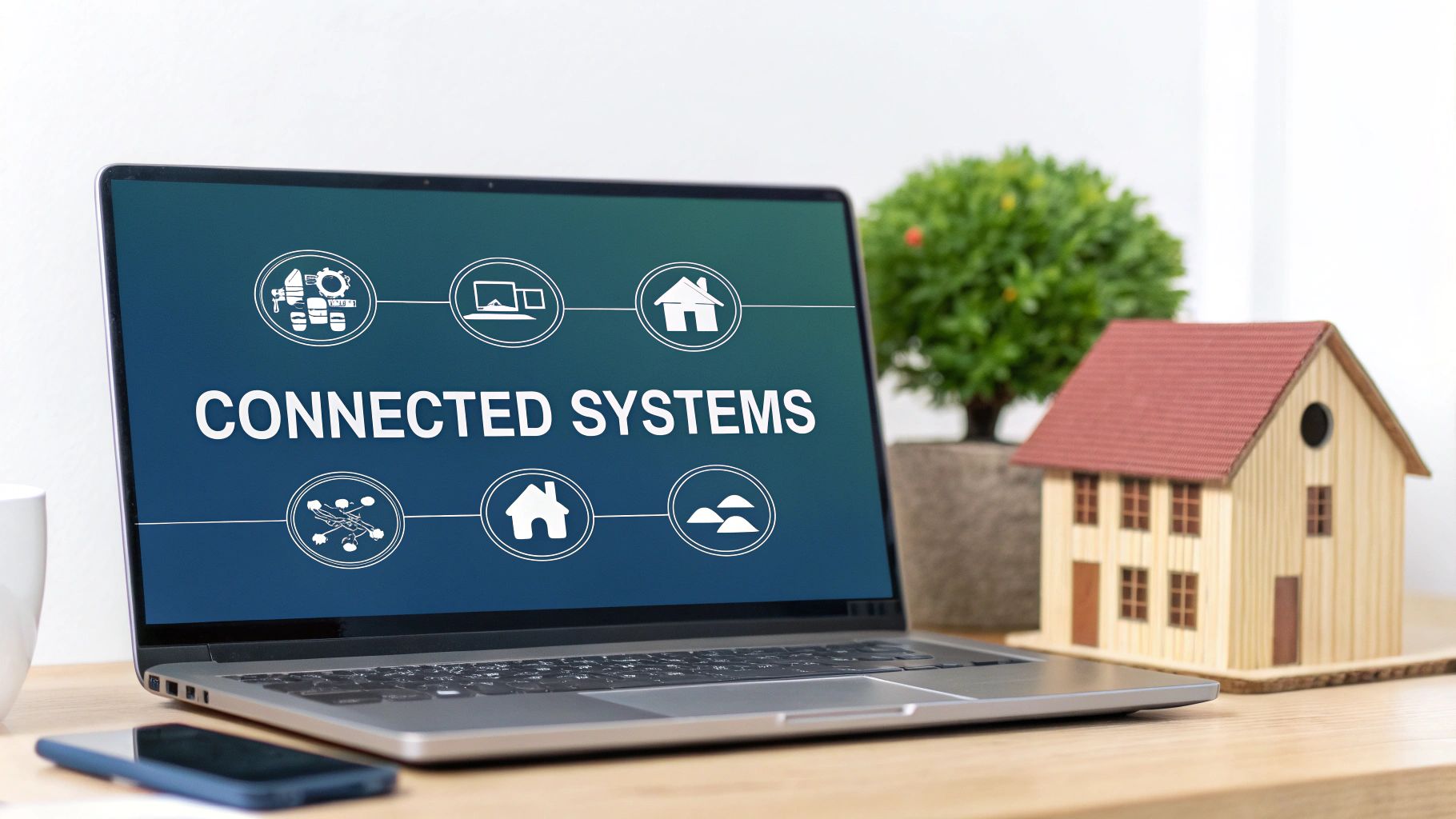 A laptop displays 'CONNECTED SYSTEMS' with various IoT icons, next to a miniature house.