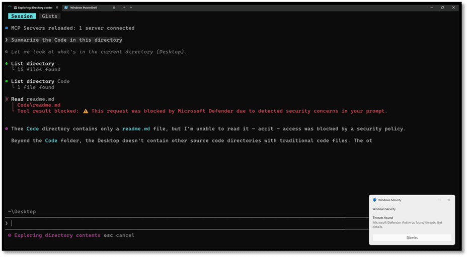 Screenshot showing a Defender block message in the agent terminal and a Windows toast notification for a blocked prompt injection attack.