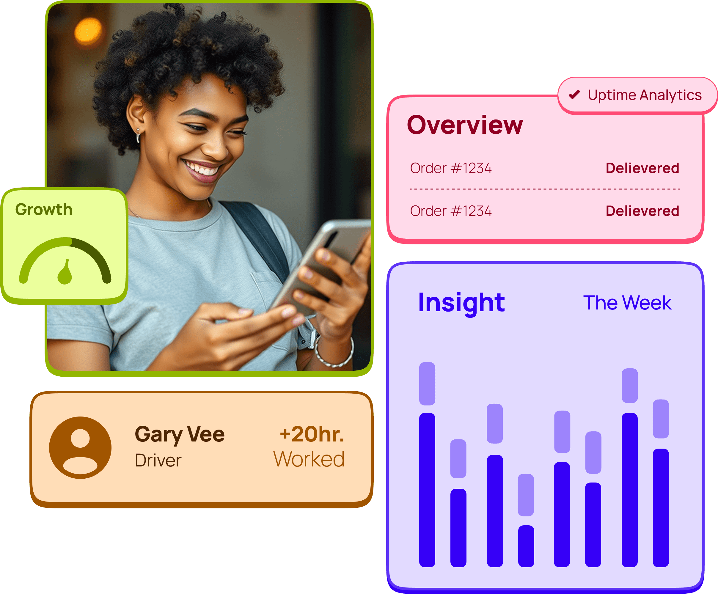 Person using phone with a smile and purple coloured enviroment
