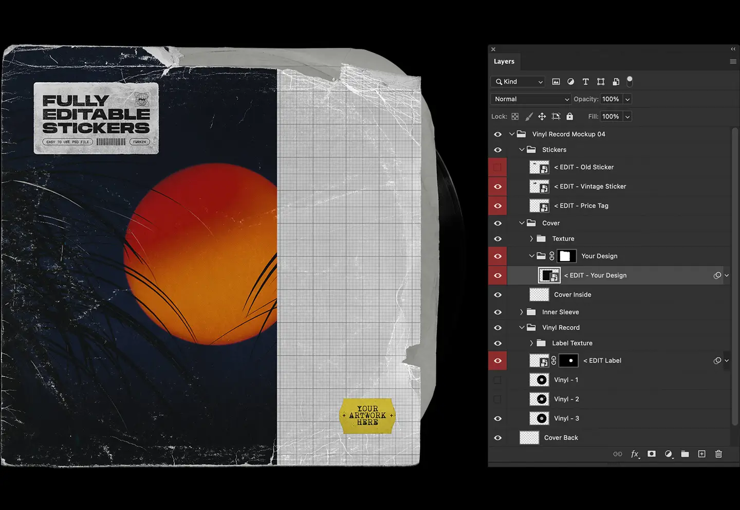 Vinyl record mockup layered Photoshop PSD showing organized smart object layers