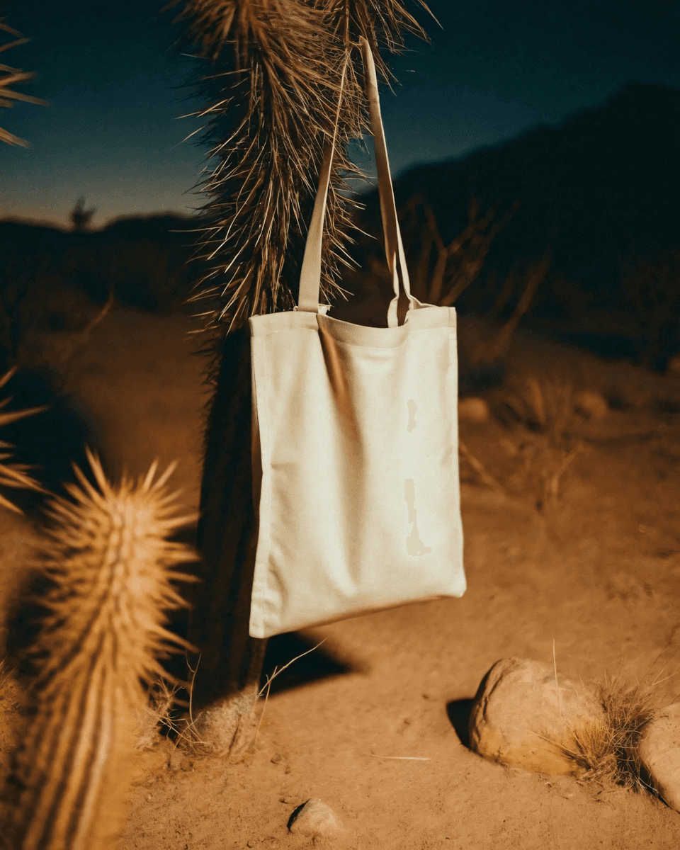 Plain cream tote bag hanging on a desert cactus plant.