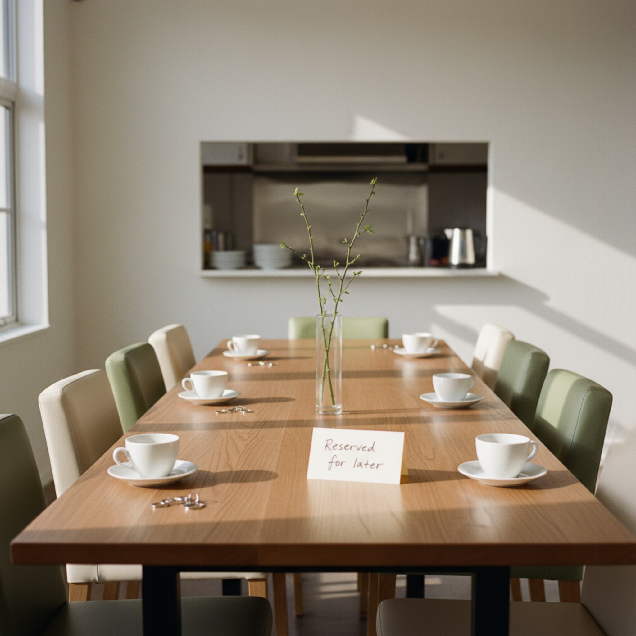 Im Vereinsheim fällt Vormittagslicht auf einen langen Holztisch mit weißen Tassen. Daneben liegen Schlüsselbunde und ein handgeschriebenes Reservierungsschild für später. Stühle stehen ordentlich bereit, eine Vase mit Zweigen setzt einen ruhigen Akzent. Aus der Küche hört man gedämpfte Geräusche, alles wirkt vorbereitet und einladend.