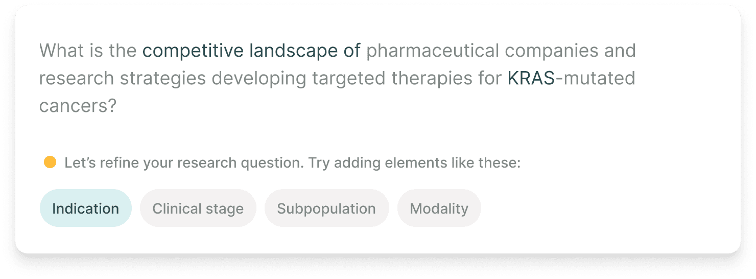 Elicit search interface showing a natural language query about the competitive landscape of KRAS-targeted therapies with AI refinement tags.