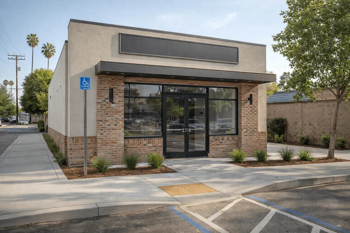 A modern ADU with large glass windows, surrounded by trees and a blue sky, featuring a parking space.