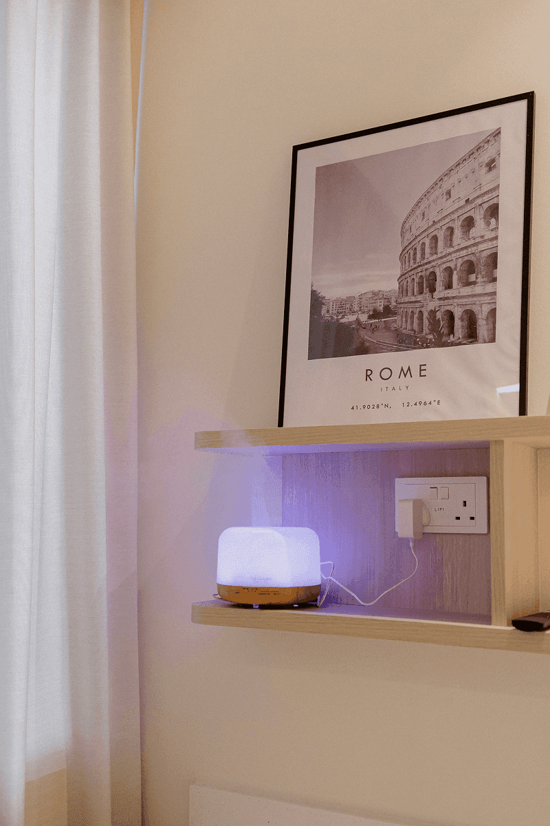 Interior design with picture frame and electronic device on shelf.