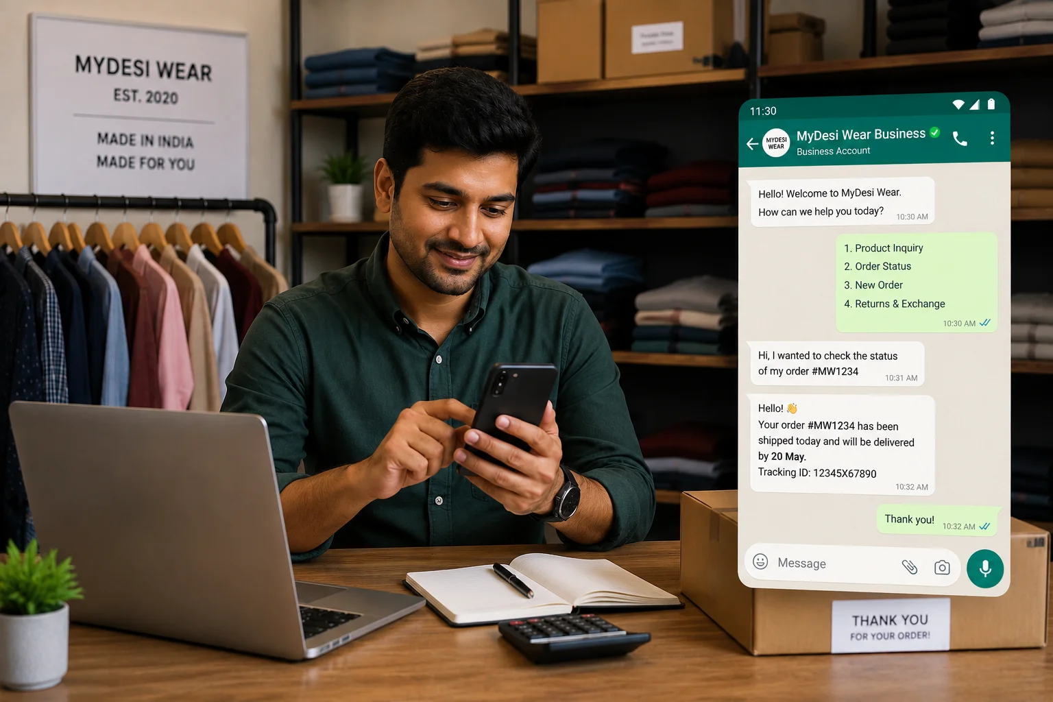Indian small business owner managing SME operations on WhatsApp on mobile phone in India