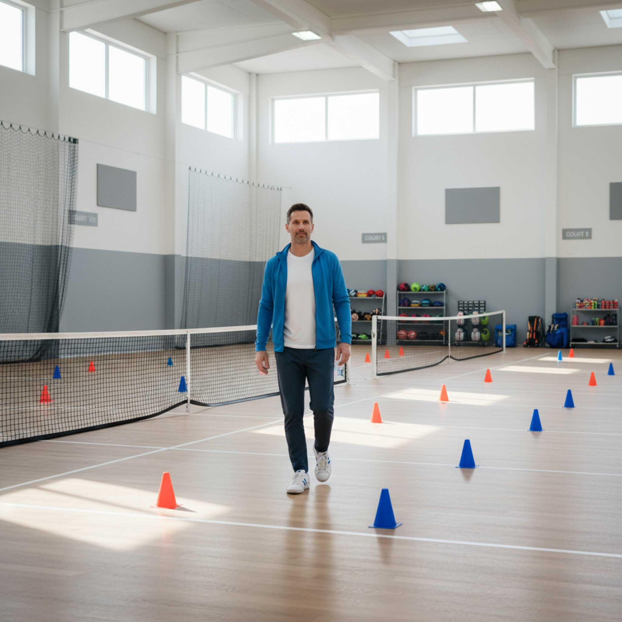 Frühmorgens schreitet ein Hallenverantwortlicher an nebeneinander liegenden Courts vorbei. Netze sind straff, Linien frisch abgezogen, Markierungskegel deuten eine spätere Nutzung an. Durch die Oberlichter fällt weiches Licht auf den Boden. Es wirkt ruhig, geordnet und startklar.