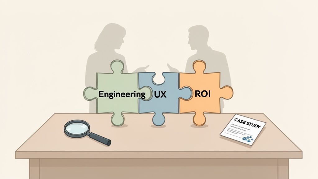 Three connected puzzle pieces labeled Engineering, UX, and ROI on a table, symbolizing workflow integration.