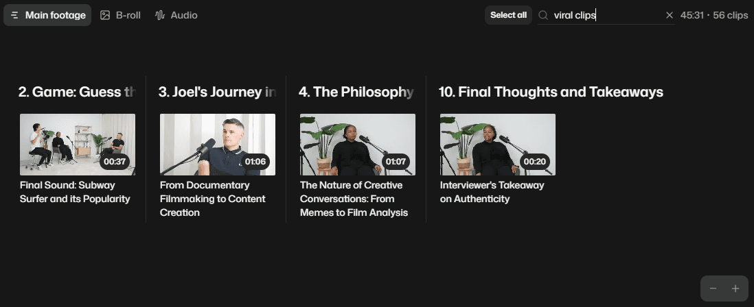 Search interface in Selects showing auto-organized podcast footage grouped into chapters with clips filtered using keyword ‘viral clips’