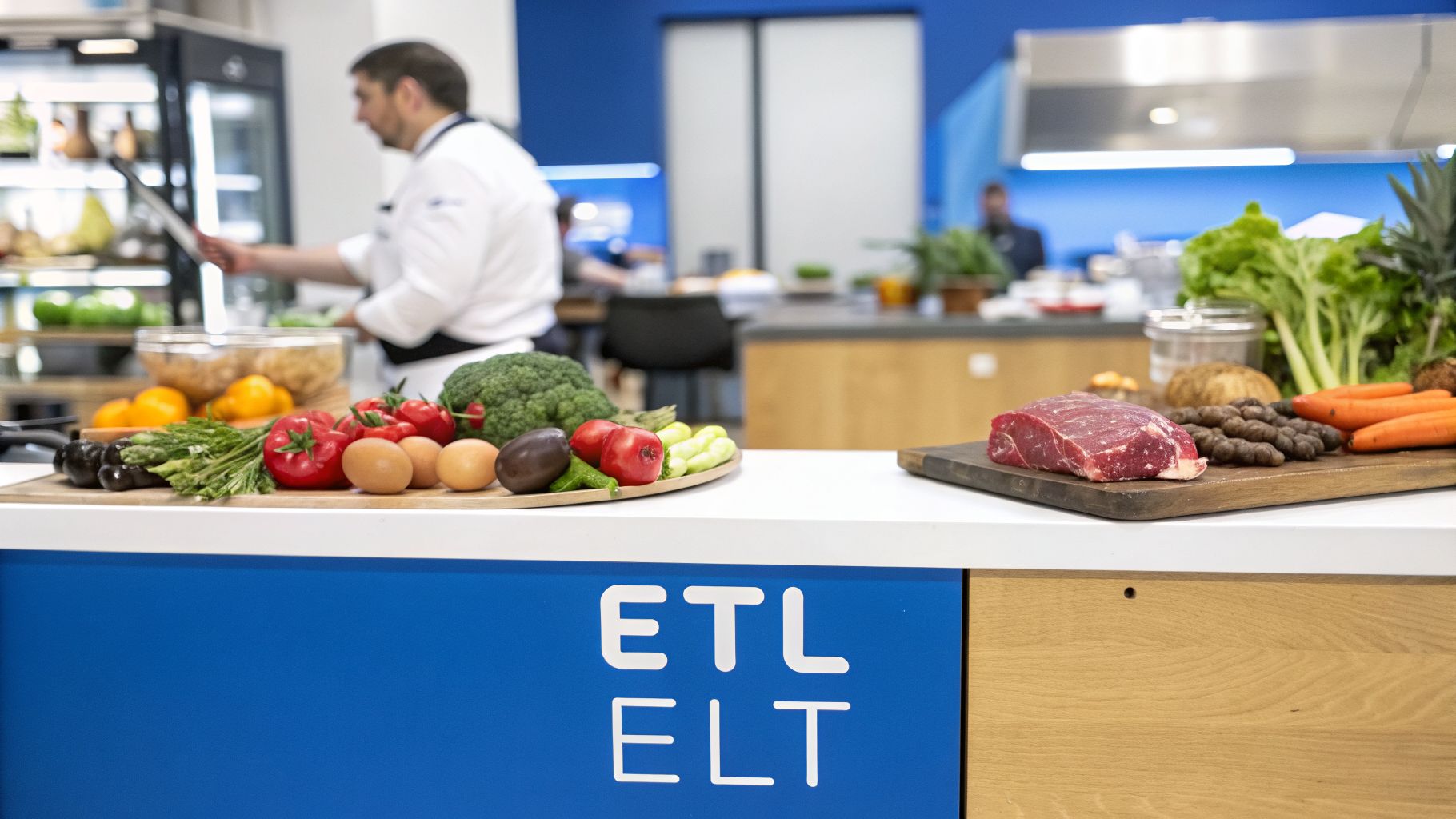 A professional kitchen scene with fresh produce, meat, eggs, and a chef, featuring ETL ELT branding.