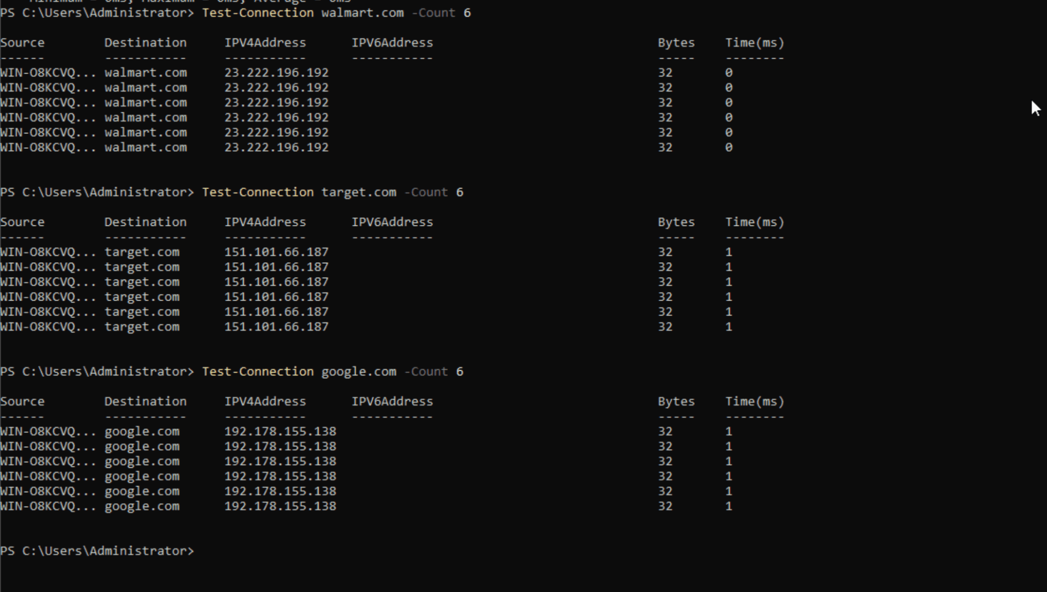 A Windows Test-Connection result from a HypeProxies Ashburn server: 6 replies to walmart.com at 0 ms, 6 replies to target.com at 1 ms, and 6 replies to google.com at 1 ms.