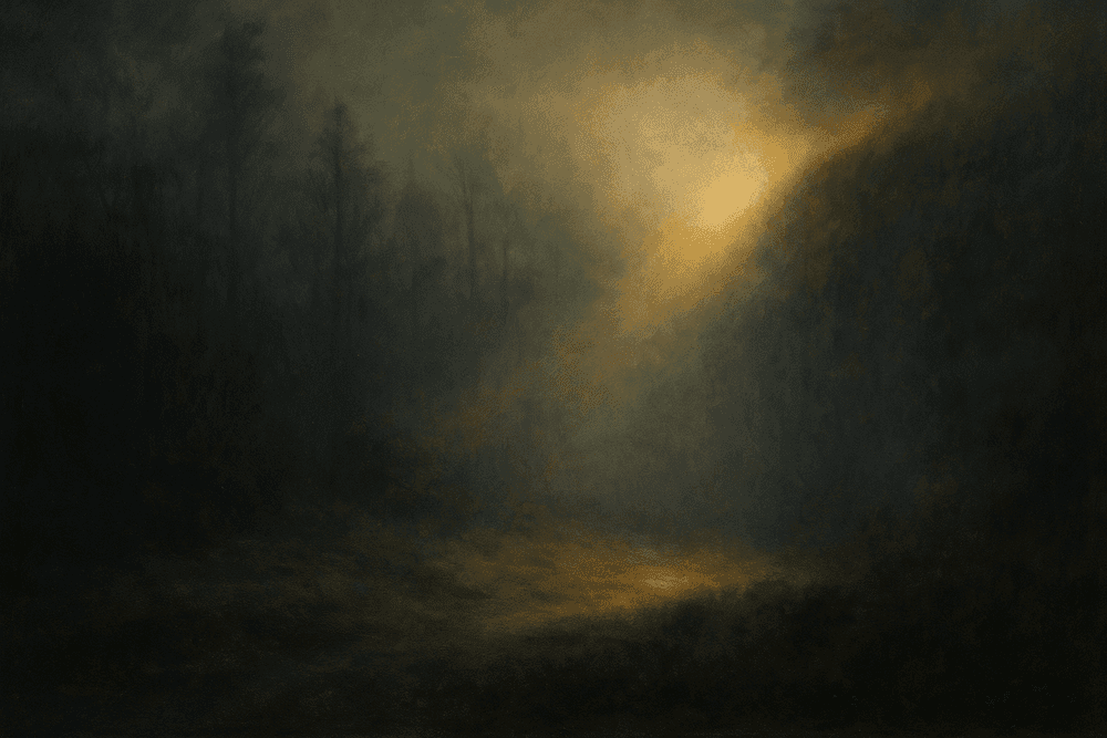 A dark, moody landscape painting with a beam of golden light breaking through clouds and mist, illuminating a small patch of ground below.