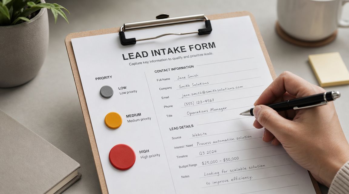 A hand filling out a lead intake form on a clipboard with a pen on a desk.