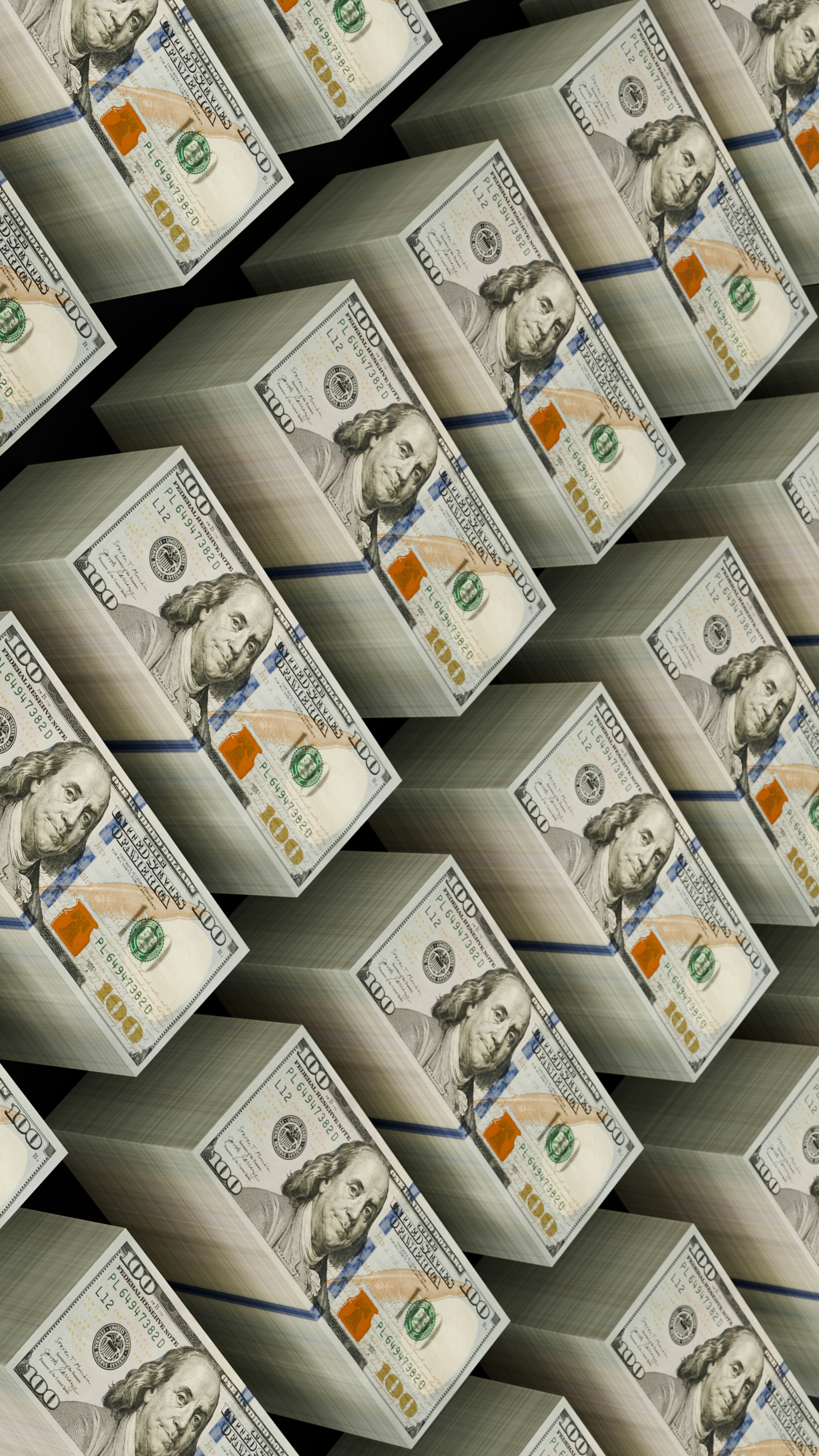 Stacks of hundred dollar bills are visible.