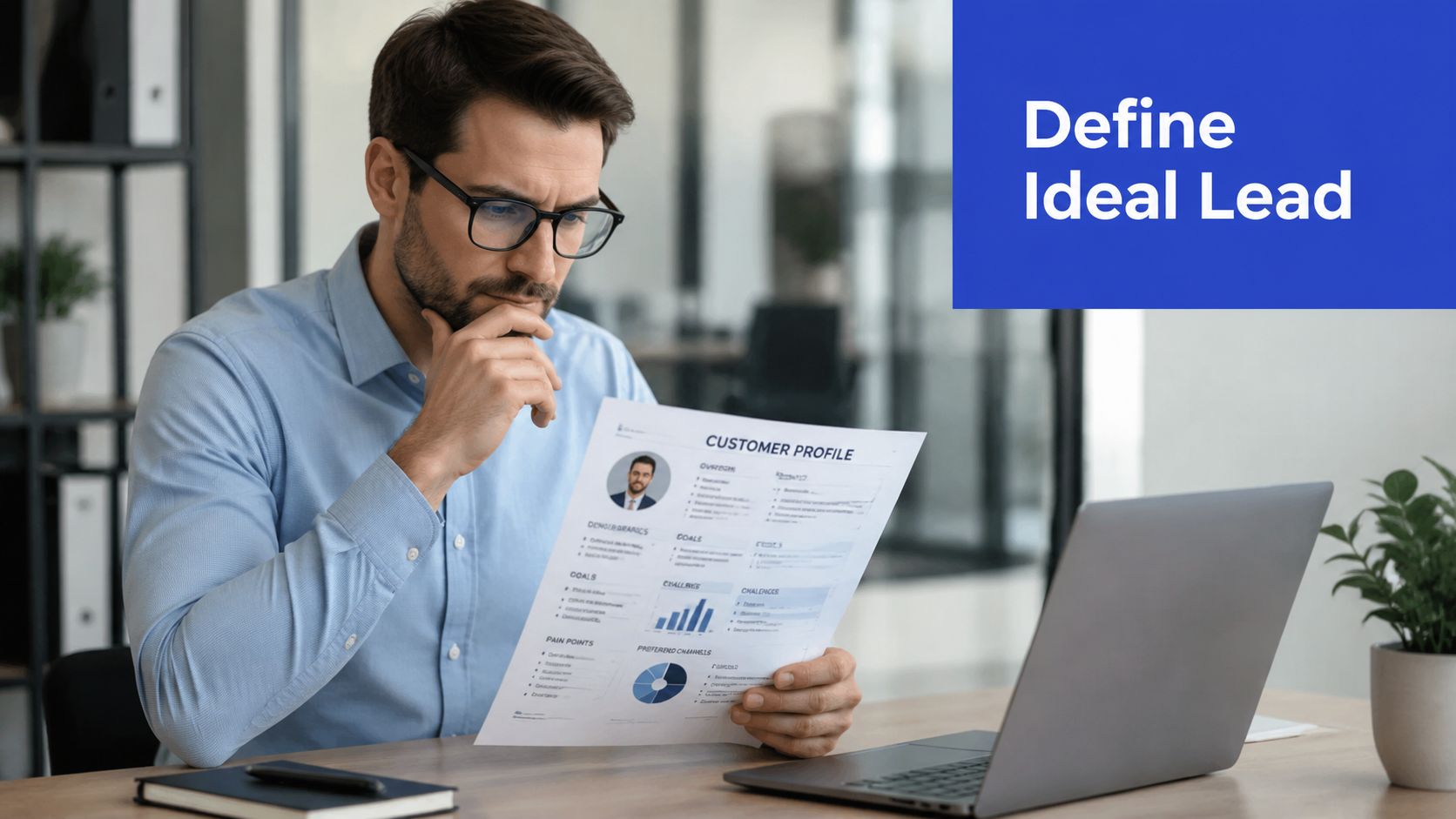 A professional man with glasses sitting at a desk and reviewing a customer profile document.