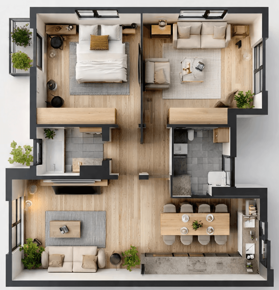 Floor plan of a modern apartment with a cozy bedroom, stylish living room, open kitchen, dining area, and bathroom. Light wood floors and ample windows create a welcoming atmosphere.