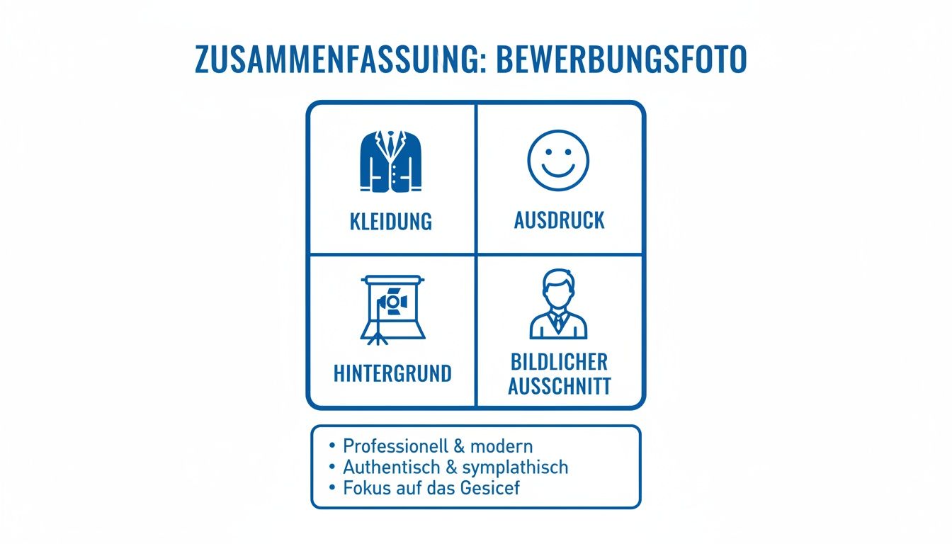 Zusammenfassung für ein Bewerbungsfoto mit Kategorien wie Kleidung, Ausdruck, Hintergrund und Bildausschnitt sowie Qualitätshinweisen.