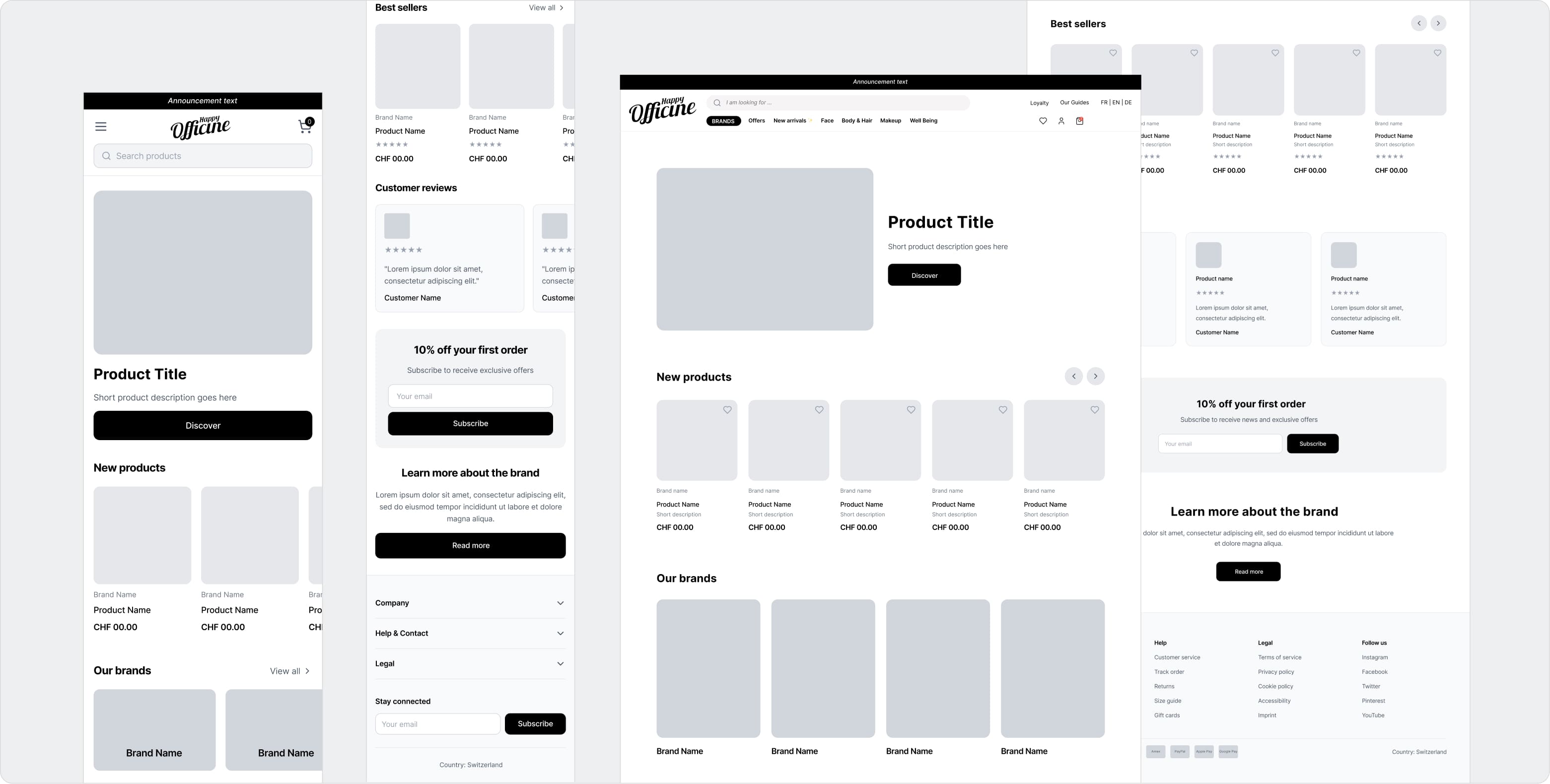 Responsive wireframes of Happy Officine marketplace showing desktop and mobile layouts for product listing, homepage, and content sections