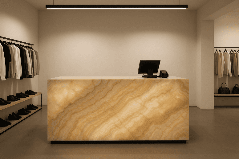 Hellbrauner Onyx-Tresen mit goldenen Adern in modernem Showroom