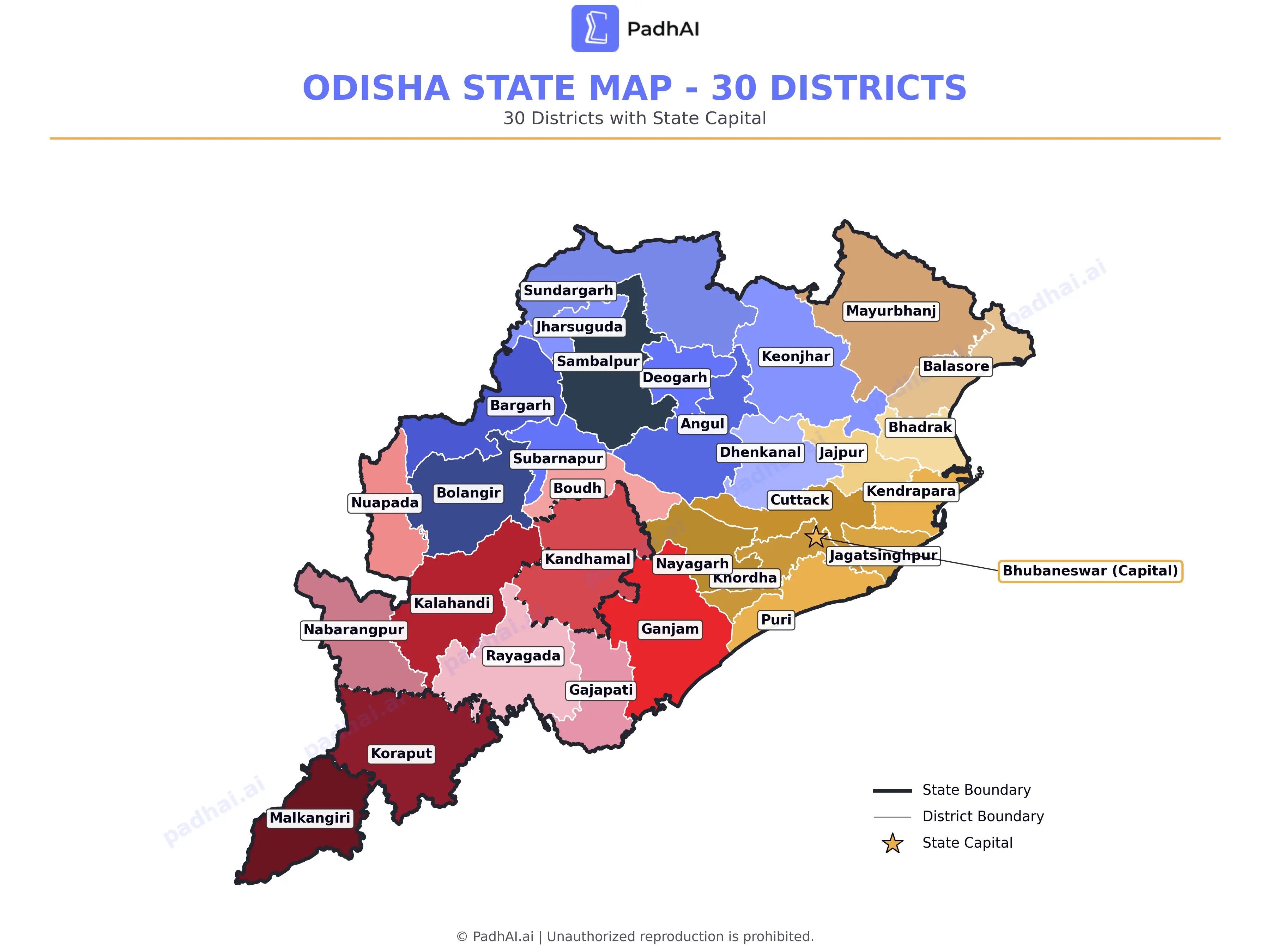 odisha map showing 30 districts and bhubaneswar capital