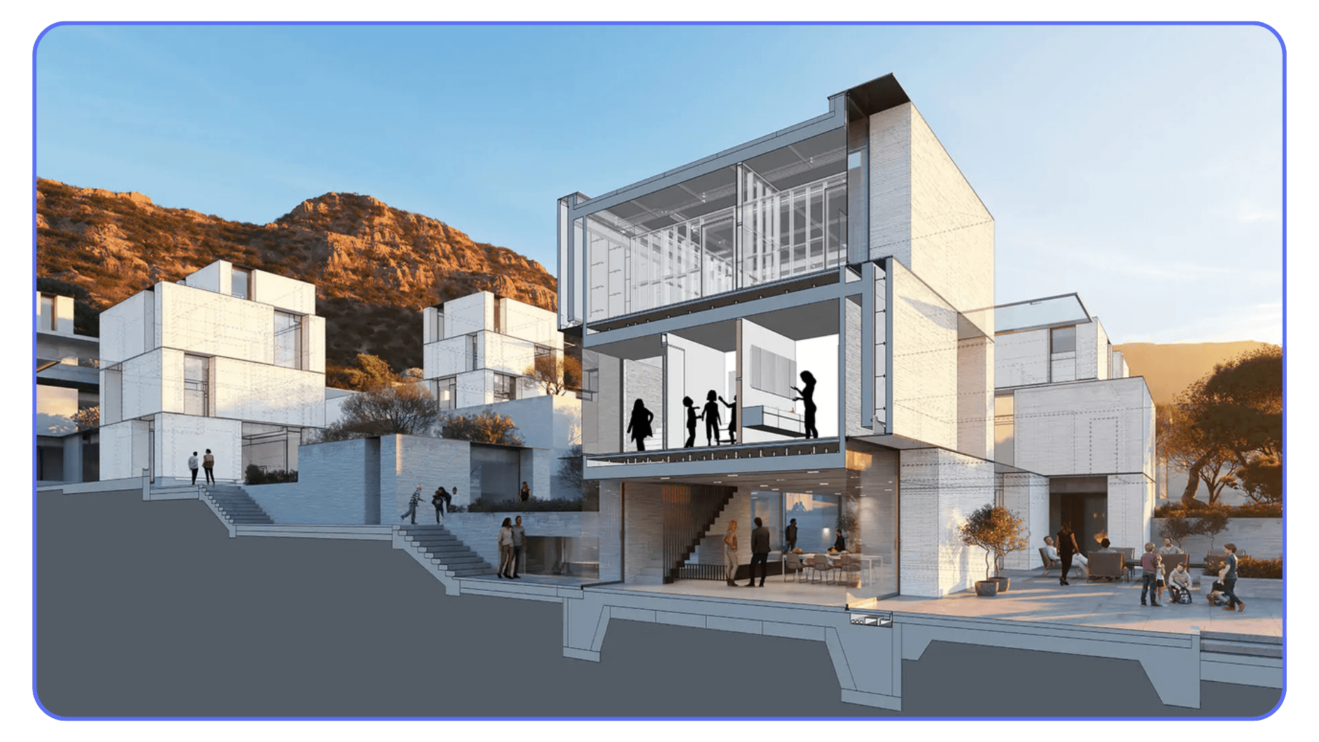 Rendered architectural section view of a modern multi level building with people and outdoor pathways.
