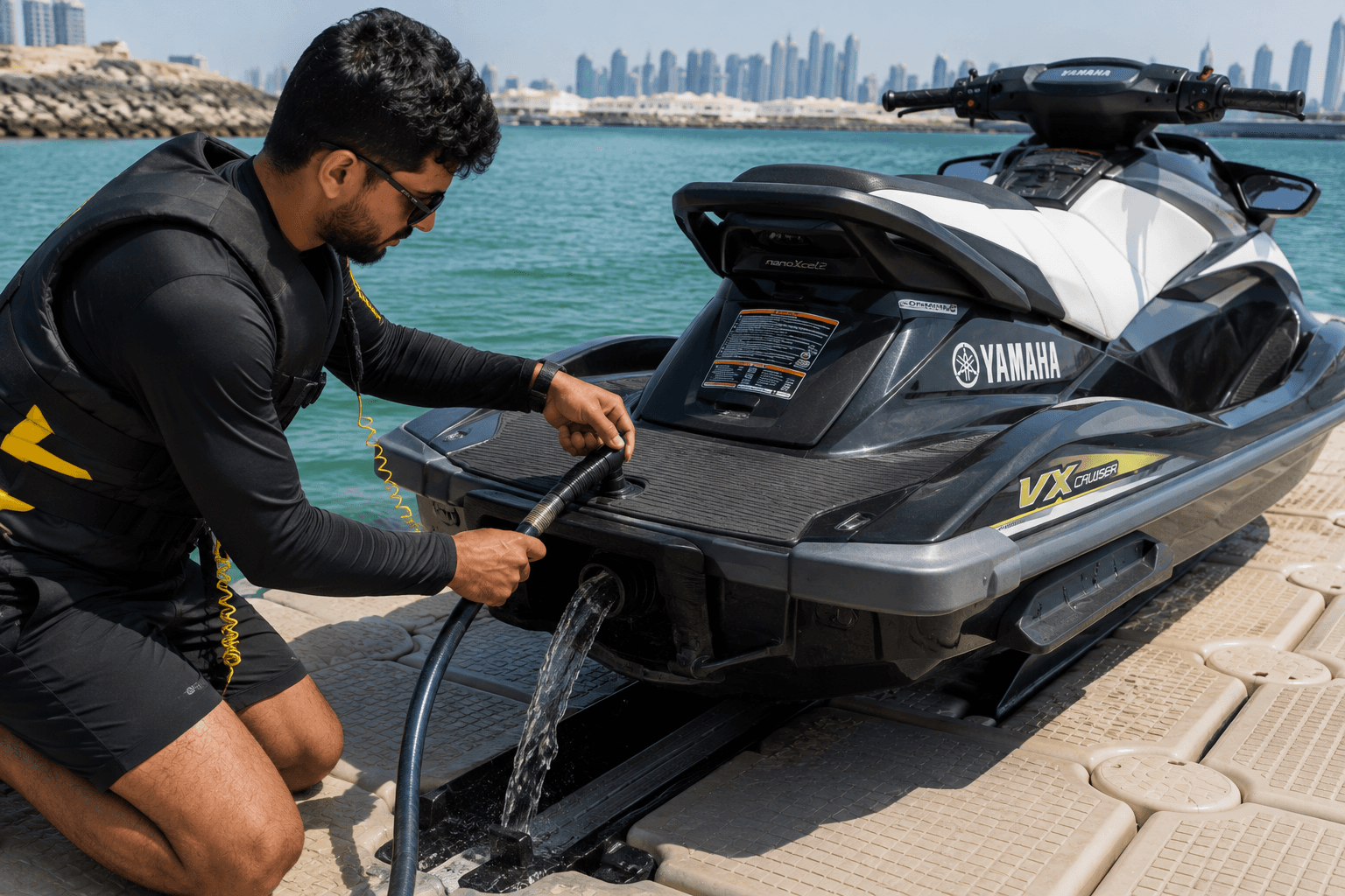 Person conducts an engine flush as part of a post-ride check on a Yamaha jet ski for jet ski maintenance.