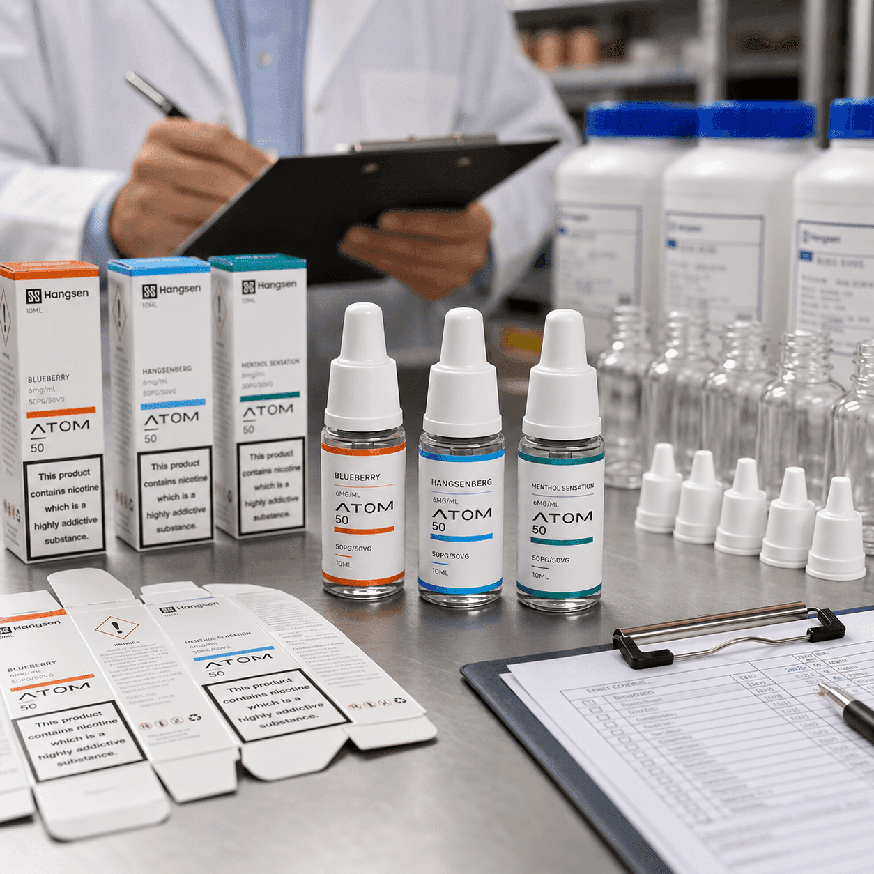 ATOM e-liquid bottles and packaging materials reviewed for supplier quality management