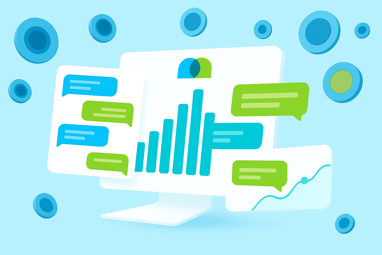 Illustration mit Chatblasen und Diagrammen zeigt datenbasierte Kommunikation und Analyse durch mercury.ai