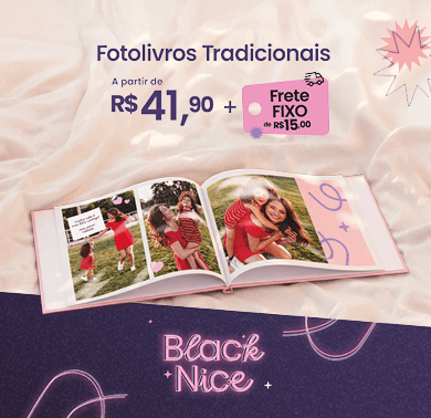 Fotolivro capa dura com imagens de pai e filhos sorrindo, sobre mesa de madeira, com promoção a partir de trinta e nove reais e noventa centavos e frete fixo de quinze reais