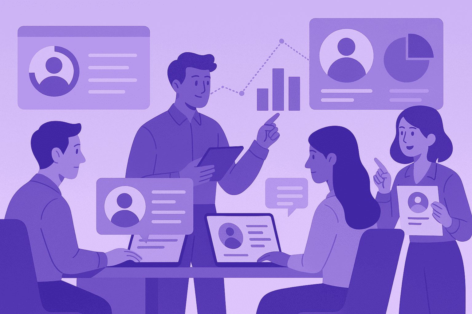  Flat-style digital illustration of four professionals analyzing workplace data in a balanced environment, symbolizing transparency, productivity, and trust in employee monitoring culture.