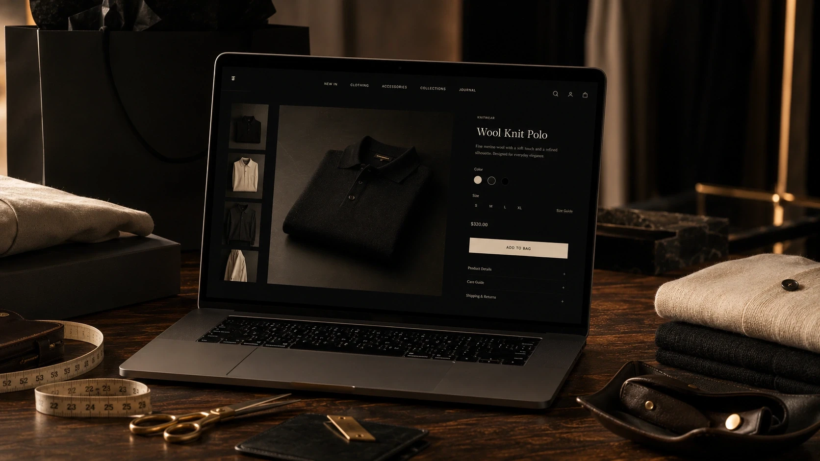 Luxury fashion e-commerce website displayed on a MacBook inside a premium boutique workspace with tailoring tools and accessories.