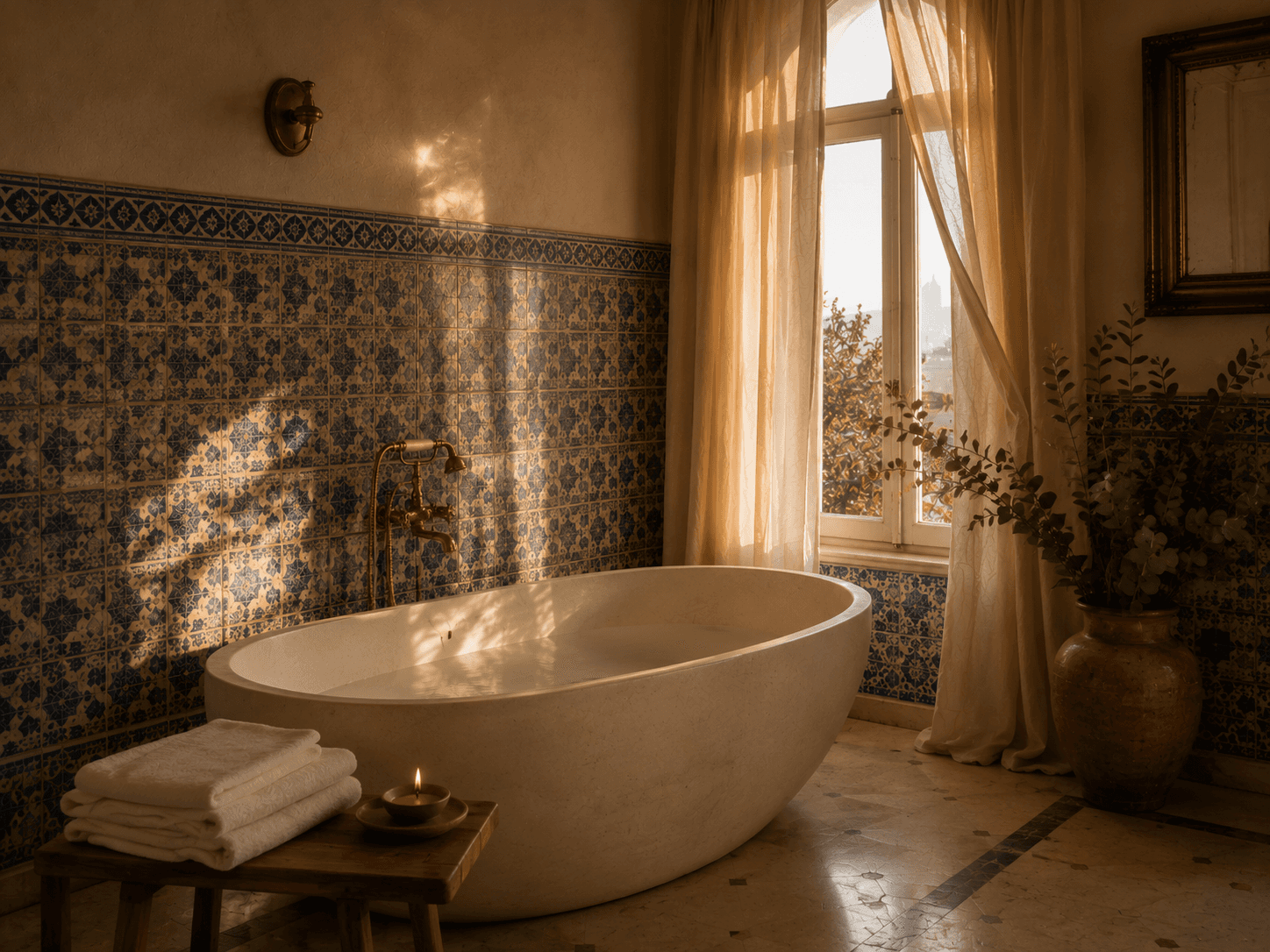 Restored bathroom of the One Bedroom Residence with freestanding travertine bathtub beside a tall arched window. Walls feature original hand-painted blue and white azulejo tile in traditional Portuguese geometric pattern.