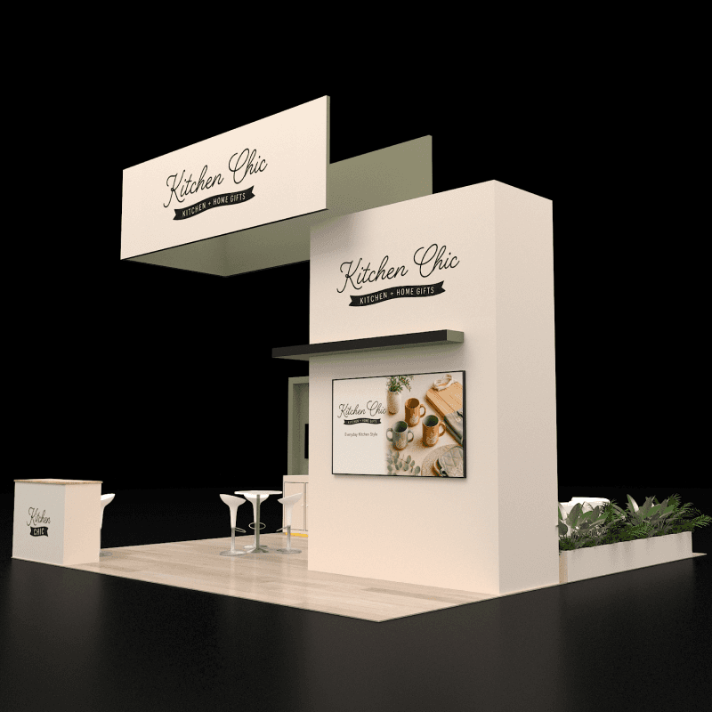 20x20 retail booth rental with product shelving, reception, and storage