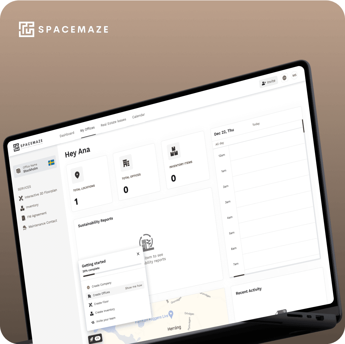 Mockup of Spacemaze platform for tracking office furniture and supporting sustainable practices.