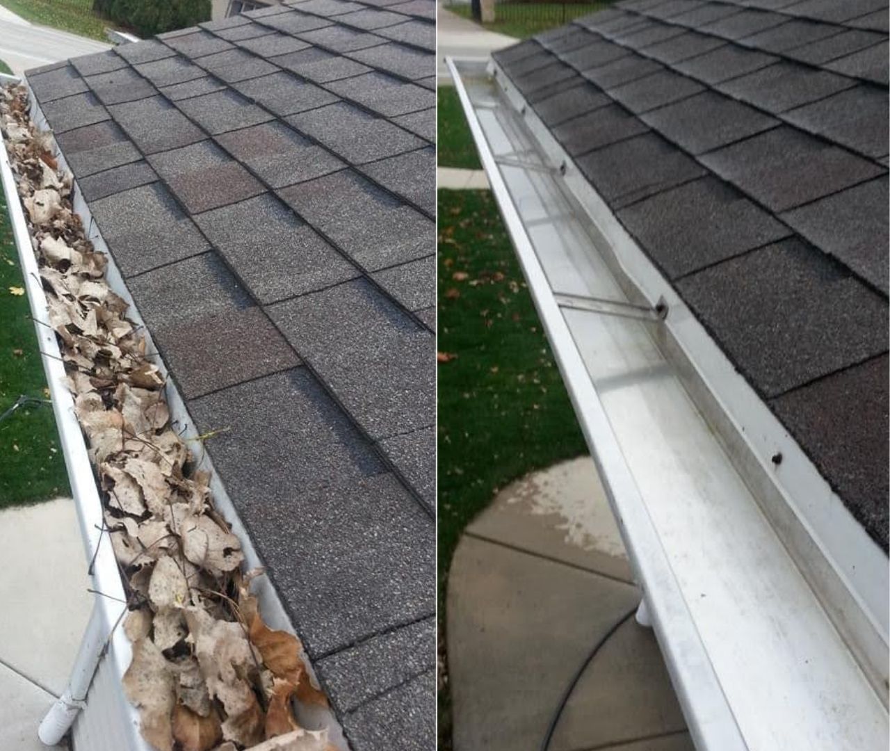 Comparison of blocked and cleaned gutter showing removal of debris