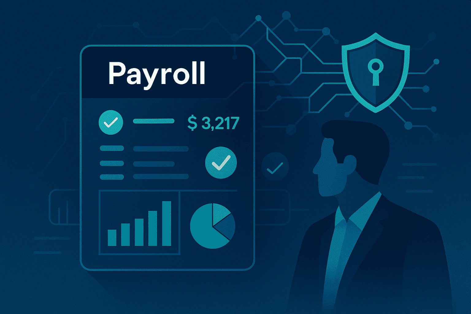Illustration einer KI-gestützten Gehaltsabrechnungssoftware mit digitalem Payroll-Dashboard, Diagrammen und Sicherheits-Symbolen, die Präzision, Effizienz und Datenschutz in der Lohnbuchhaltung für Unternehmen visualisiert.