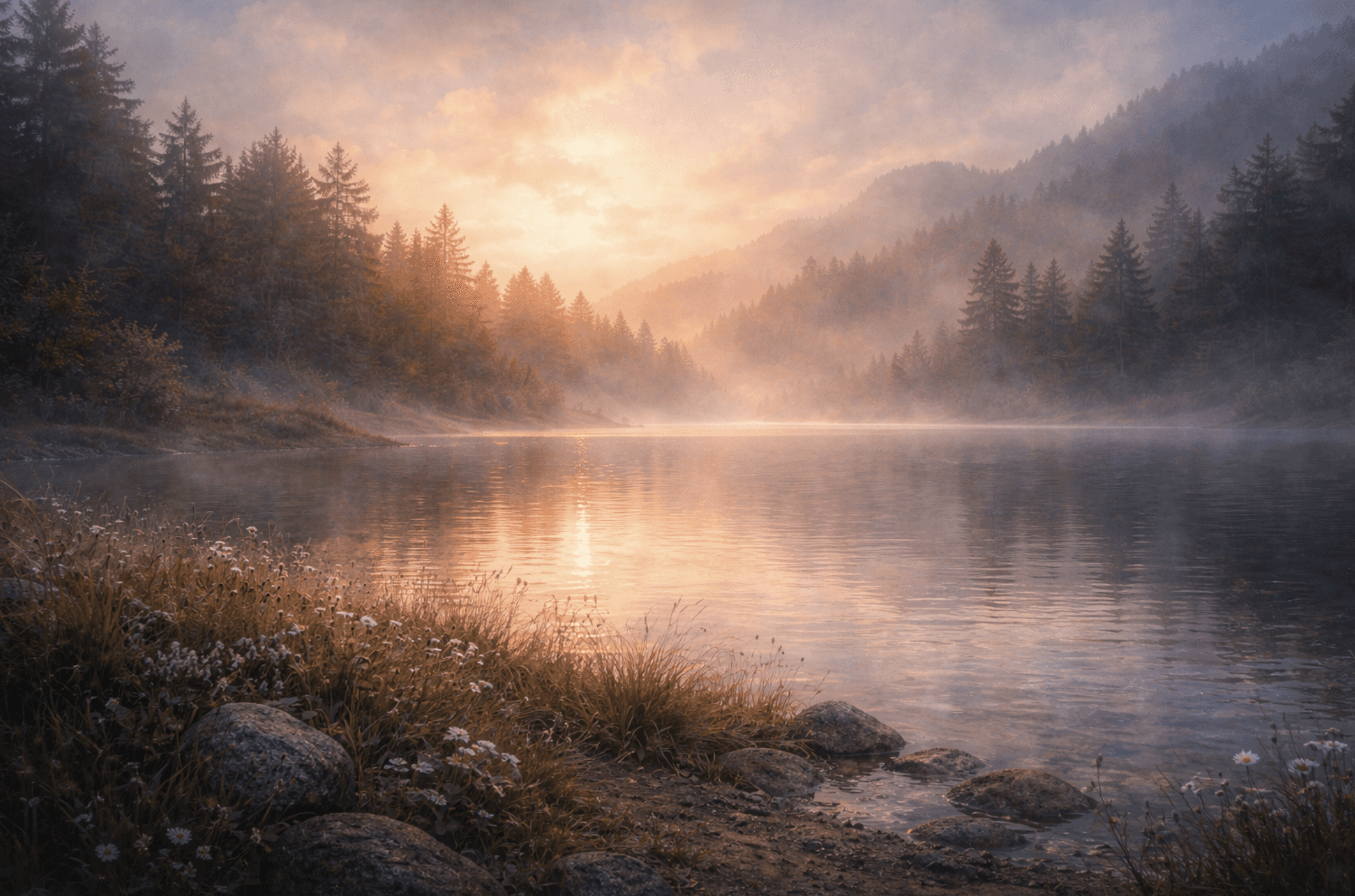 A peaceful lakeside landscape at sunrise with still water and soft light, symbolizing relaxation and a calmer nervous system after dry needling