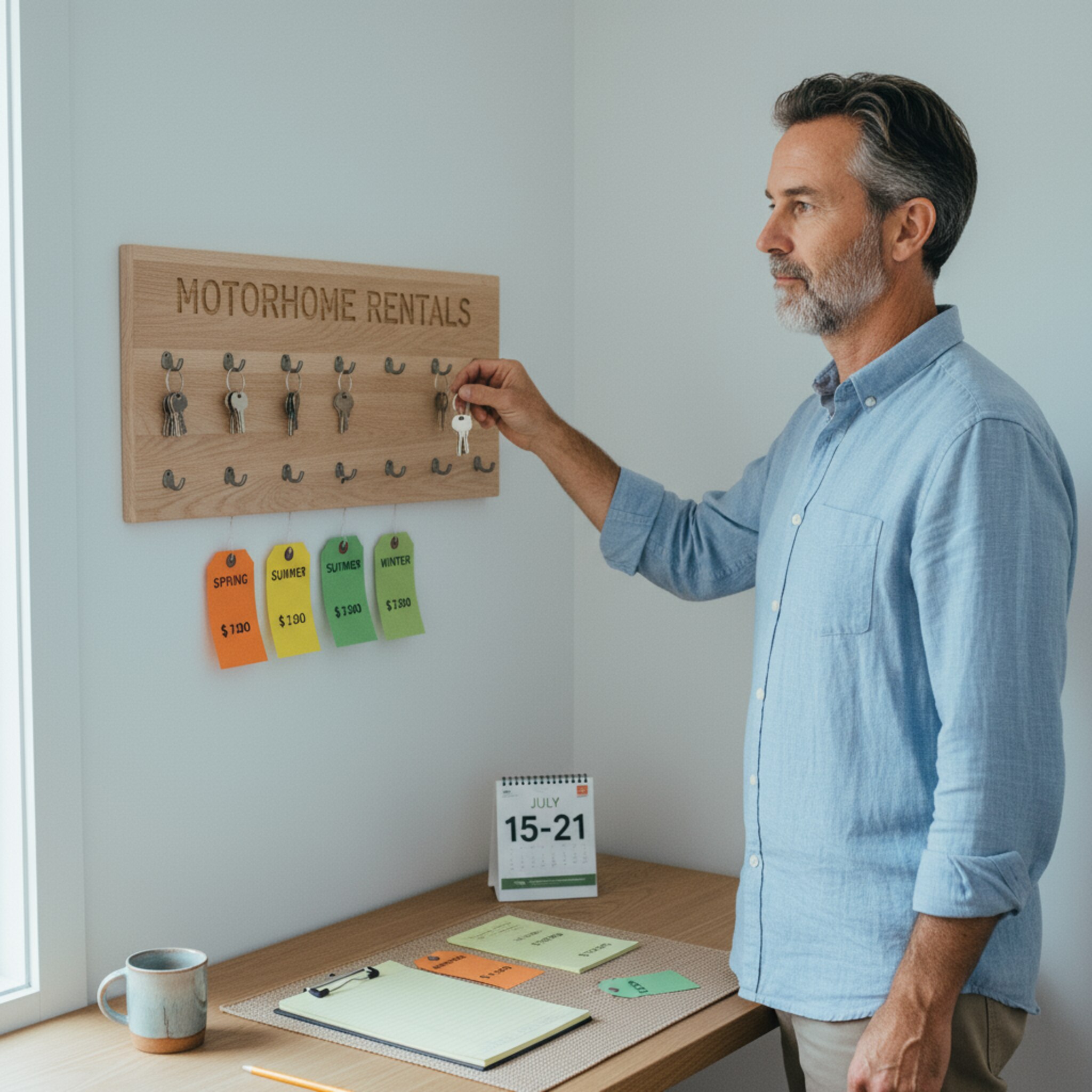 In einem hellen Backoffice steckt ein Vermieter nummerierte Schlüssel an eine Holzleiste, daneben liegen farbige Preisetiketten für Saisonzeiten. Durch das Fenster fällt kühles Tageslicht auf einen schmalen Notizstapel. Ein kleiner Tischkalender steht offen auf Juli. Die Szene wirkt ruhig und strukturiert.