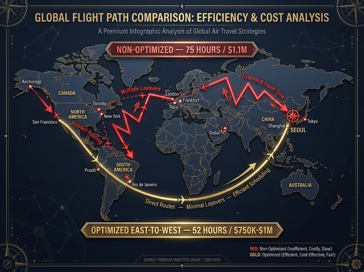 Multi-city private jet routing optimization — east-to-west sequencing, regional grouping, slot priority