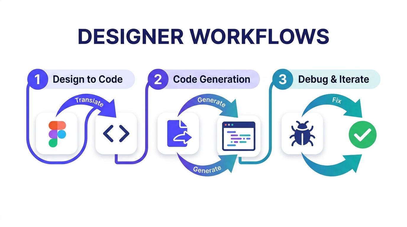 A diagram outlining a designer workflow from design to code generation and debugging for web development projects.