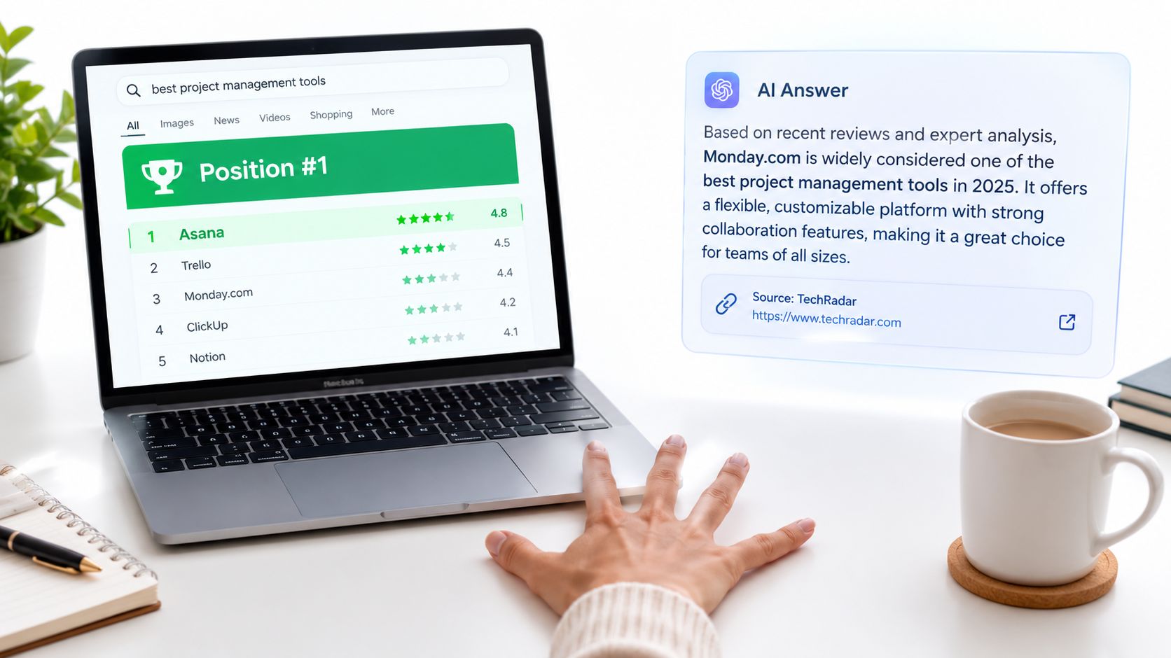 A person using a laptop to research project management tools with AI-generated search results and rankings.