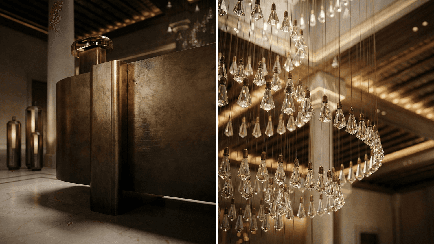 Interior render of a hallway theatrically illuminated at night, a grand space with columns