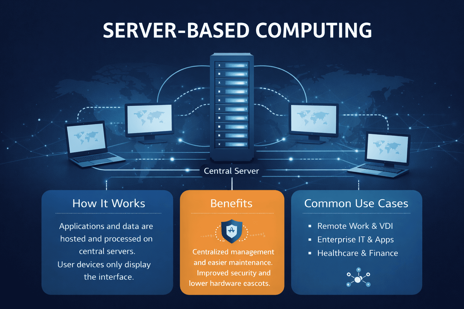server-based computing with a central server connected to multiple devices, showing how it works, benefits, and common use cases
