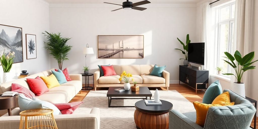 Modern staged living room with bright decor and furniture.