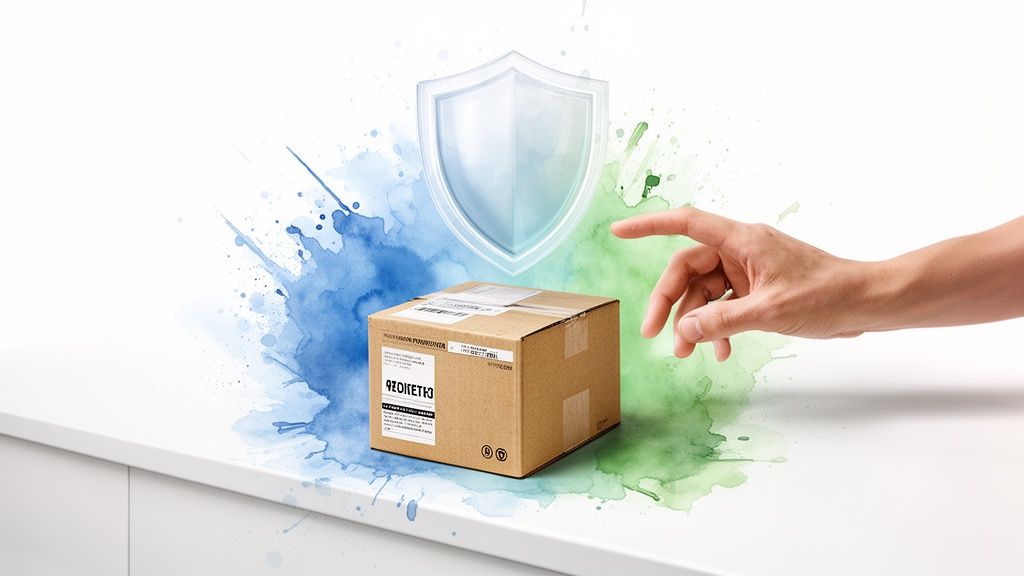 A hand points at a cardboard shipping box under a shield icon, suggesting secure delivery.