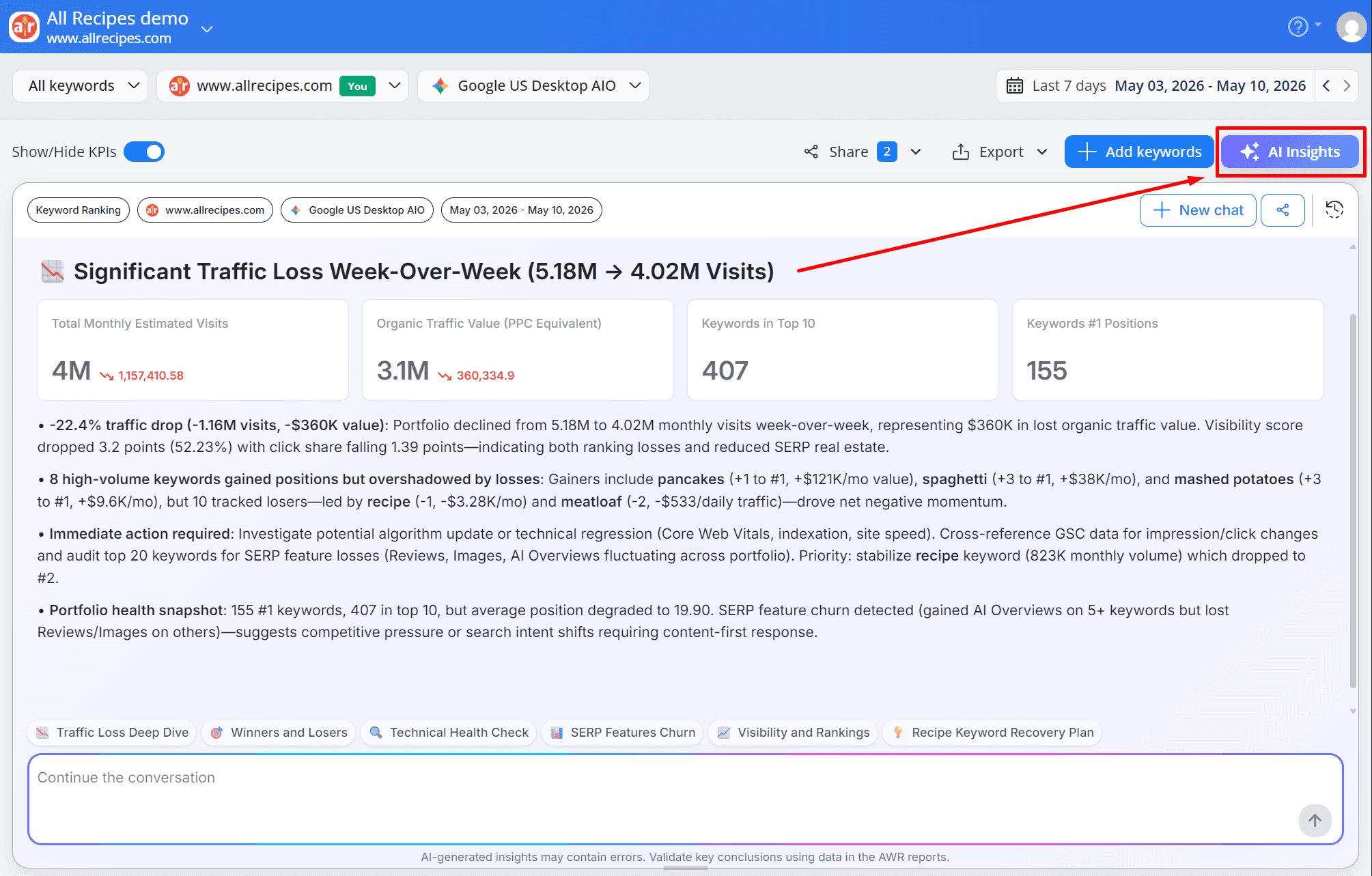 AI Insights feature in Advanced Web Ranking
