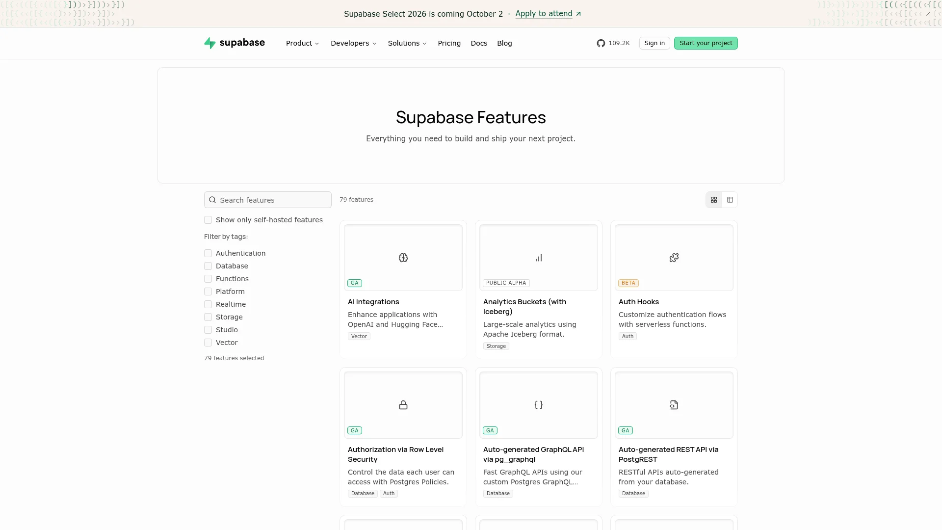 Supabase features page listing the full product set including Cron, Queues, and Branching.