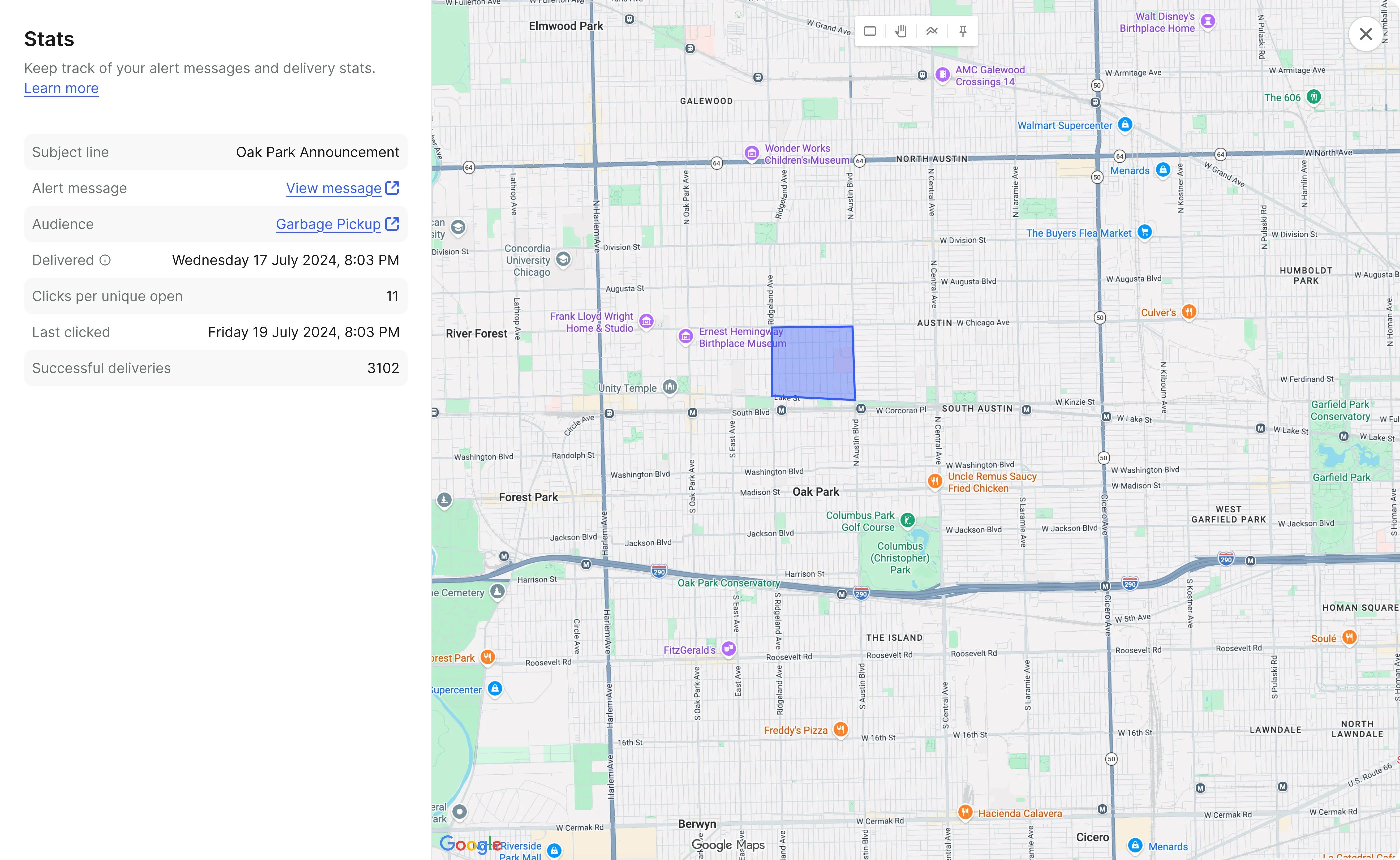 Map of Oak Park highlighting a neighborhood