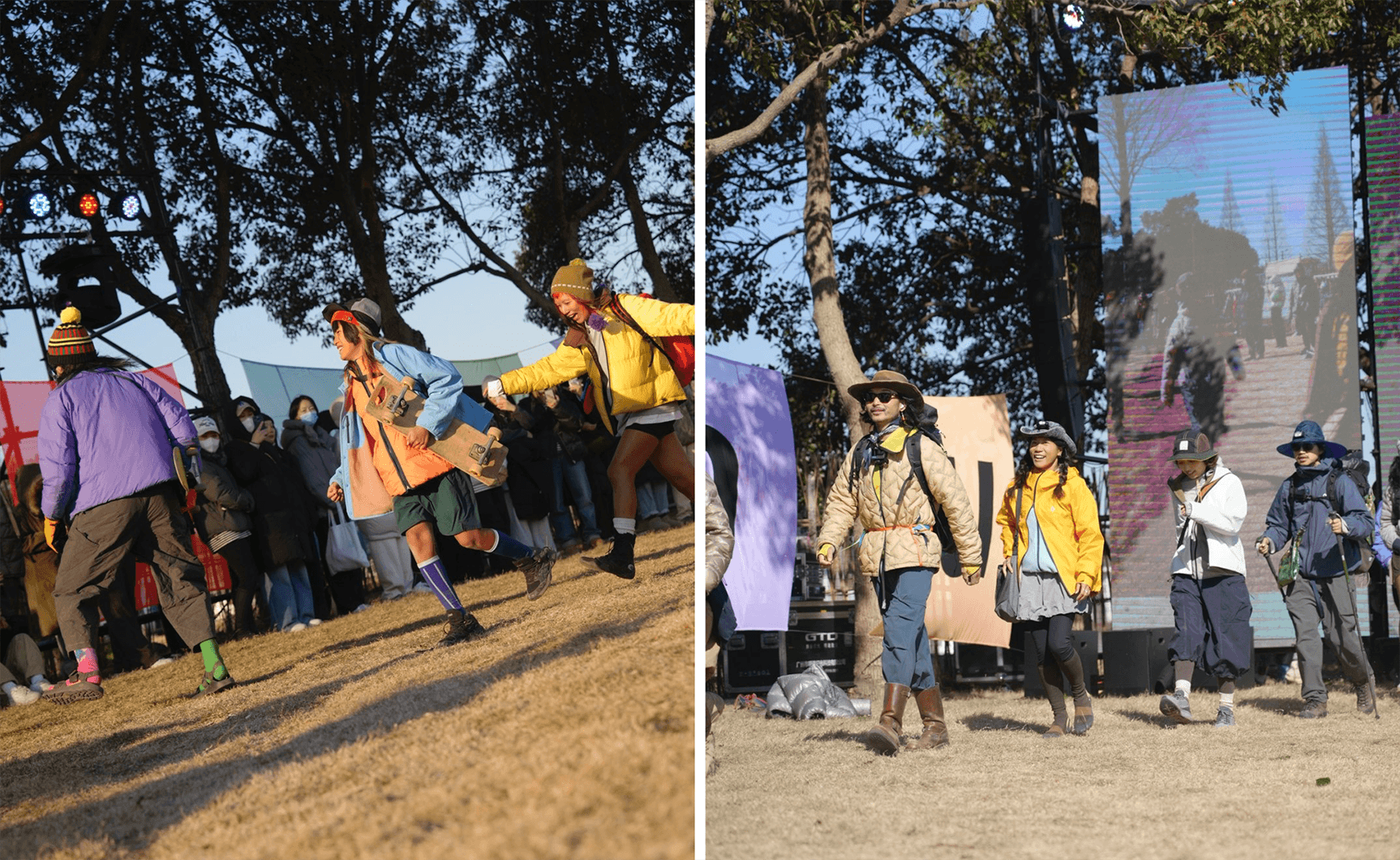 Models wearing AN KO RAU outdoor gear and backpacks at a product launch or pop-up event.